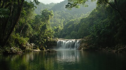 Aufkleber - A serene waterfall cascades into a calm pool, surrounded by lush greenery and misty mountains in a tranquil natural setting.