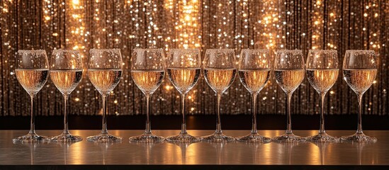 Poster - Elegant champagne flutes arranged against a sparkling golden backdrop for celebration and festive occasions