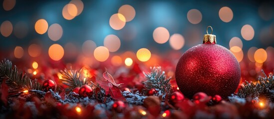 Poster - Christmas ornaments and festive elements arranged on a soft bokeh light background creating a warm holiday atmosphere