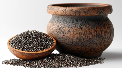 Poster - Chia seeds in a rustic bowl and container showcasing healthy food options on a clean white background for nutrition and wellness themes