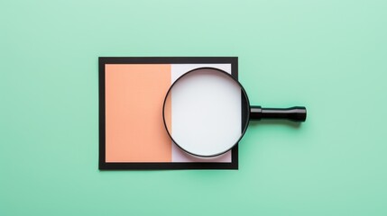 Poster - Magnifying glass placed on a rectangular colored paper surrounded by a black frame against a pastel green background