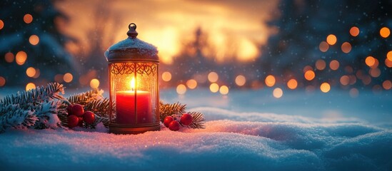 Poster - Christmas lantern with candle on snowy fir tree branch glowing in winter landscape with bokeh lights and space for seasonal text decoration