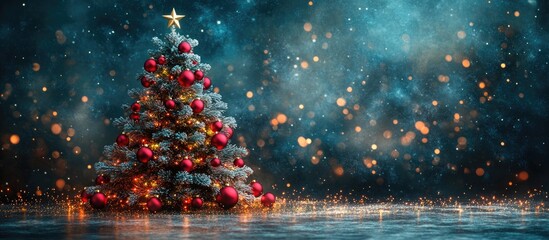 Poster - Festive Christmas fir tree decorated with ornaments and star on a dark shimmering background creating a warm holiday atmosphere