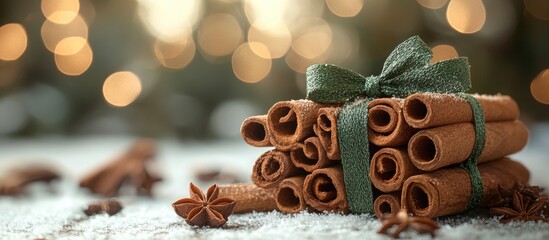 Poster - Cinnamon sticks tied with a green bow resting on a snowy surface with blurred warm lights in the background for festive season decor