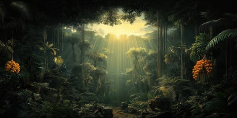 Aufkleber - A serene jungle scene with sunlight filtering through dense foliage, illuminating vibrant plants and creating a tranquil atmosphere.