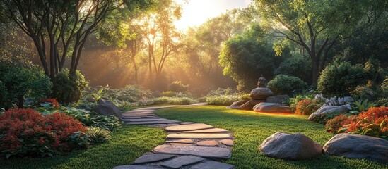 Poster - Serene Morning Garden Pathway Surrounded by Lush Greenery and Colorful Flowers in Soft Sunrise Light