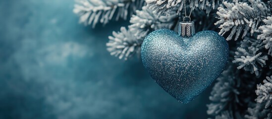 Aufkleber - Silver heart-shaped Christmas tree ornament hanging from frosted branches against a blue background in a minimal flat lay style.