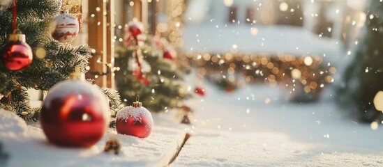 Poster - Festive Christmas outdoor scene with snow, decorated trees, and shimmering ornaments creating a warm holiday atmosphere.