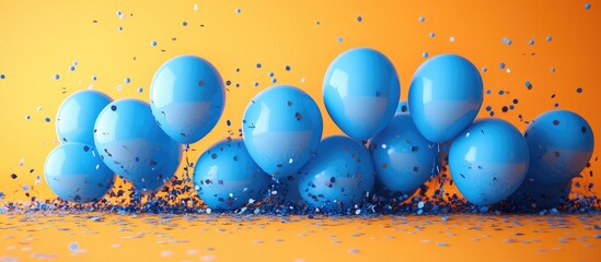 Poster - Blue balloons with ribbons and confetti creating a festive atmosphere on a vibrant orange background