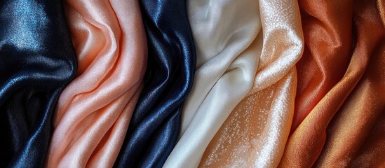 Poster - Elegant silk fabric drapes in rich colors showcasing glossy textures and smooth folds on a sophisticated backdrop.