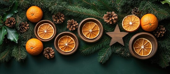 Poster - Christmas decorations with star-shaped wooden plates dried oranges pinecones and tree branches on a green background aerial view