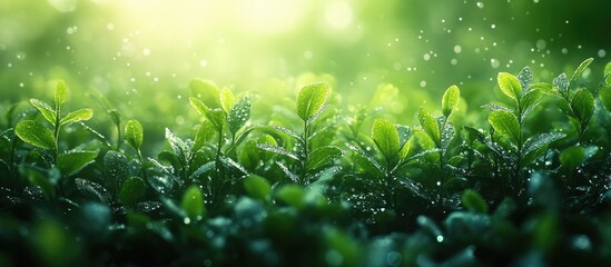 Poster - Vibrant green leaves glistening with dew under soft sunlight creating a serene natural backdrop with a dreamy bokeh effect.