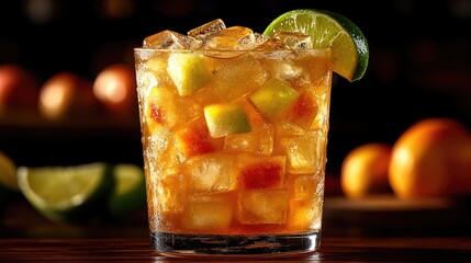 Poster - Caipirinha Cocktail in a Glass with Fresh Fruits and Ice on a Dark Background