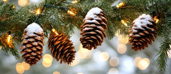 Aufkleber - Snowy Pine Cones on Fir Branch with Lights Against a Soft Bokeh Backdrop of a Snowy Fir Tree Ideal for Winter Holiday Decor