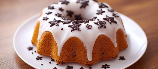 Aufkleber - Bundt cake with vanilla glaze and chocolate stars on a white plate showcasing a festive dessert for celebrations and gatherings
