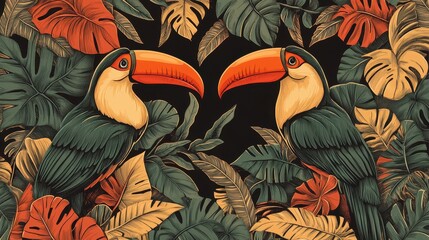 Aufkleber - Two colorful toucans surrounded by lush tropical foliage, showcasing vibrant leaves and a striking contrast against a dark background.