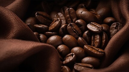 Poster - Coffee beans on textured fabric showcasing dark roast aroma and energy-rich mocha component for beverage enthusiasts and culinary designs.