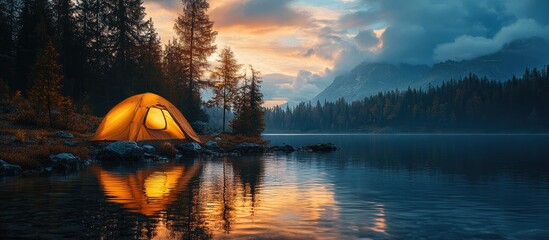 Poster - Serene lakeside camping scene at sunset with a glowing tent and stunning mountain reflections in calm water.
