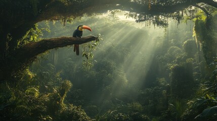 Aufkleber - A vibrant jungle scene featuring a toucan perched on a branch, with sunlight filtering through the dense foliage, creating an enchanting atmosphere.