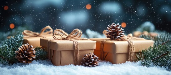 Poster - Cozy Christmas backdrop with beautifully wrapped presents pinecones and subtle snowfall for holiday-themed projects and promotions