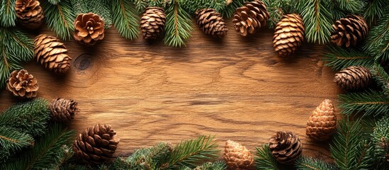 Aufkleber - Christmas backdrop with fir branches and pine cones on a rustic wooden table creating a festive and cozy atmosphere for the holidays