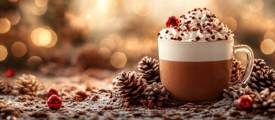 Poster - Cozy festive backdrop with hot cocoa topped with cream and chocolate, surrounded by pine cones and a warm bokeh effect for holiday cheer.