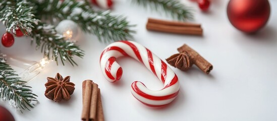 Poster - Christmas candy cane ornament with cinnamon and peppermint lollipops set on a white table with winter holiday decorations and greenery