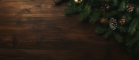 Poster - Christmas tree branches and pine cones on wooden surface with blank space for holiday decoration or greeting card design in top view