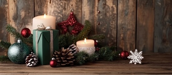 Poster - Rustic Christmas decor with candles ornaments and pinecones on wooden backdrop for festive greeting card design