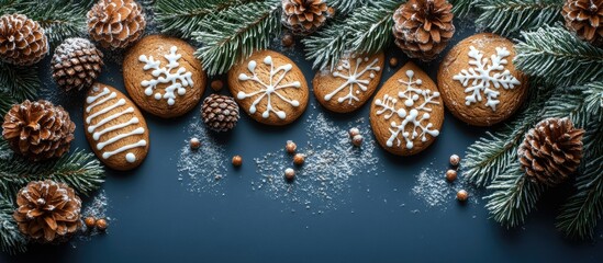 Poster - Festive gingerbread cookies adorned with icing alongside snow-dusted fir branches and pinecones against a dark background.
