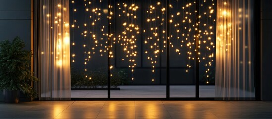 Poster - Atmospheric evening with glowing string lights suspended in a window creating an enchanting ambiance and inviting atmosphere indoors.