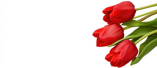 Poster - Vibrant bouquet of red tulip flowers elegantly arranged against a clean white background showcasing their beauty and freshness.