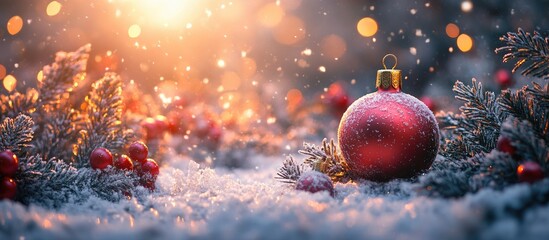 Poster - Sparkling Christmas decoration with a red ornament and festive elements on a snowy background illuminated by warm soft light