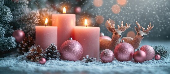 Aufkleber - Christmas scene with pink candles deer and ornaments on snowy surface showcasing festive decorations against a grey stone background
