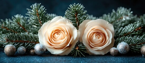 Poster - Festive Greeting Card Design with Snowy Fir Tree Branches and Elegant White Roses for New Year and Christmas Celebrations