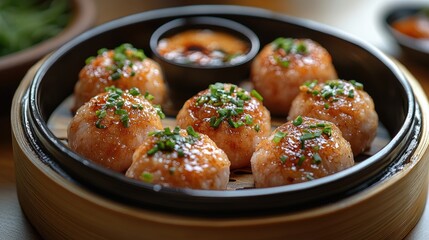 Fototapete - Delicious chicken dim sum presented in a bamboo steamer with dipping sauce and garnished with green onions on a neutral background