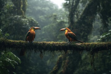 Aufkleber - Two vibrant birds perched on a mossy branch amidst a lush, misty rainforest, surrounded by dense green foliage and a tranquil atmosphere.