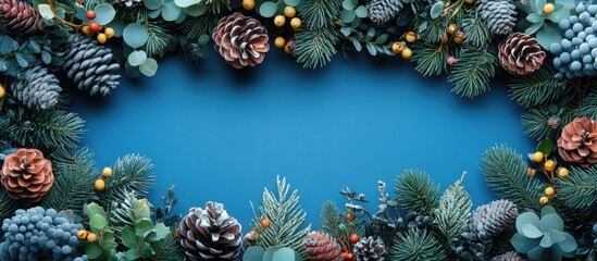 Poster - Christmas botanical arrangement on a blue background featuring pinecones evergreen and festive berries flat lay perspective