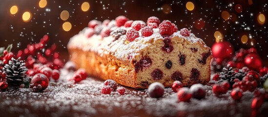 Poster - Christmas Stollen Traditional Sweet Fruit Loaf Garnished with Icing Sugar Surrounded by Festive Decorations and Bokeh Lights