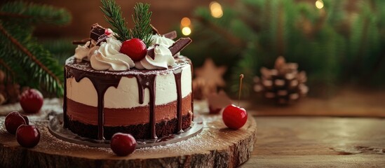 Poster - Cherry and chocolate mousse cake with whipped cream and decorative fir branches on a rustic wooden backdrop for festive occasions
