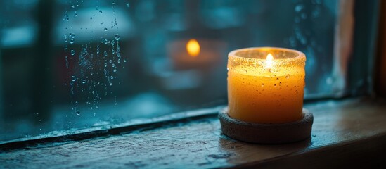 Aufkleber - Cozy candle glowing softly in a rainy window setting creating a warm and inviting atmosphere during a chilly evening.