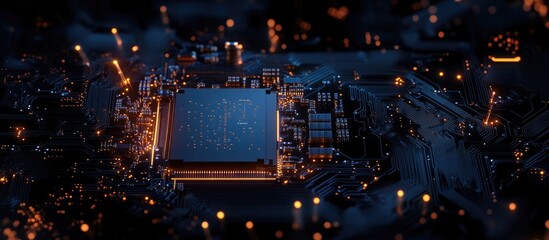 Leinwandbilder - Circuit board close-up showcasing resistors microchips and electronic components illuminated with glowing lights Technology in modern electronics