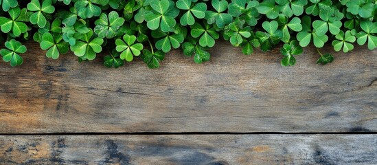 Poster - Shamrock border on rustic wooden background creating a natural and cozy atmosphere for St. Patrick's Day or nature-themed designs