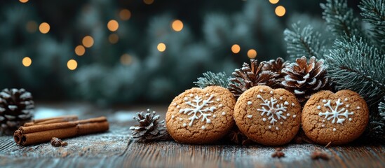 Poster - Cozy Christmas setting with gingerbread cookies pinecones and cinnamon sticks against a wooden backdrop with twinkling lights