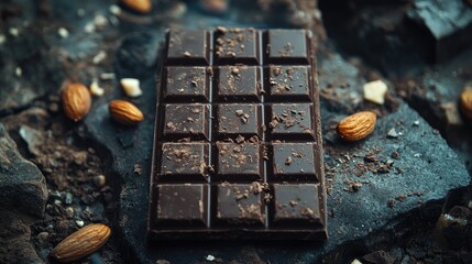 Poster - Dark chocolate bar with nuts on a rustic background featuring almonds and chocolate shavings for a gourmet dessert concept.