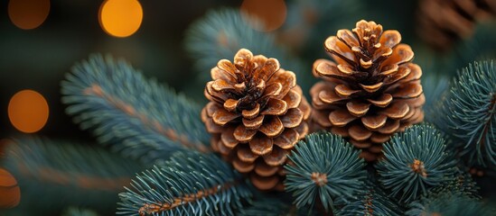 Aufkleber - Pine tree branches featuring two pine cones with blurred festive lights in the background creating a warm holiday ambiance.