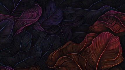 Aufkleber - Abstract composition featuring flowing, colorful shapes resembling leaves against a dark background, creating a sense of depth and movement.