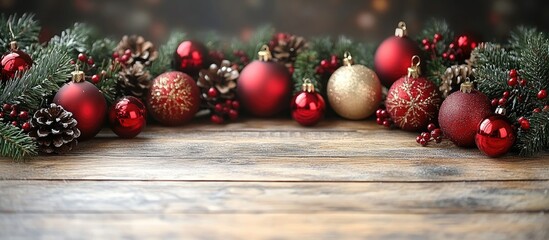 Poster - Christmas decoration with ornaments and pine branches on wooden background creating a festive atmosphere for holiday celebrations