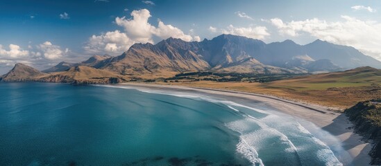 Aufkleber - Stunning drone view of a pristine beach with mountains in the background on a clear summer day showcasing nature's beauty and tranquility