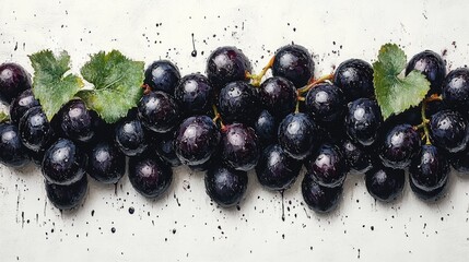 Leinwandbilder - Fresh black grapes with green leaves arranged on a light background showcasing their glossy texture and rich color.